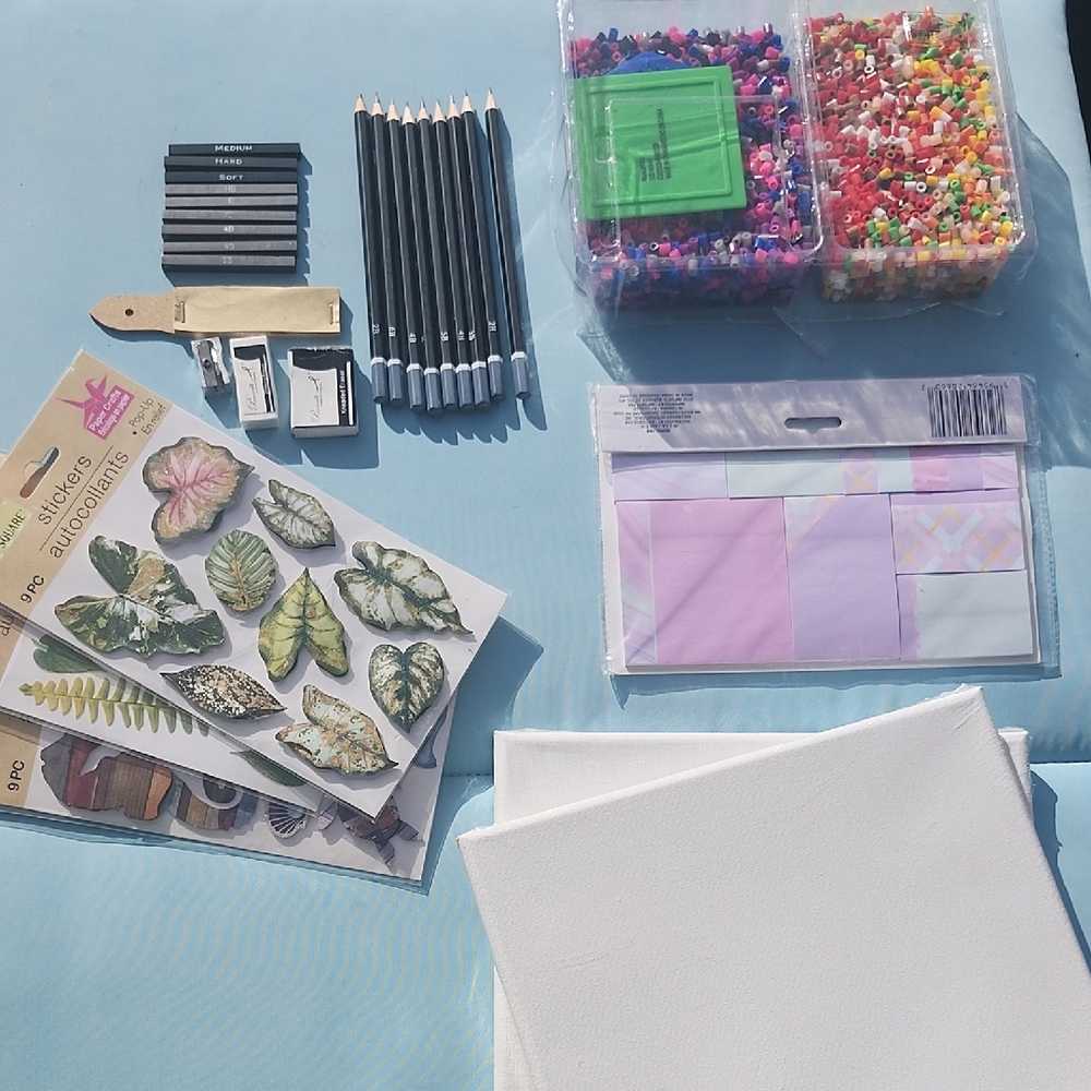 Craft supplies/Art Supplies Set Lot with Canvas, charcoal, stickers, perler bead
